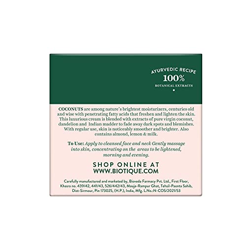 Biotique Coconut Brightening Instant Glow Cream| Lightweight and Non-Greasy | Reduces Dark Spots and Protects Ageing | Nourished and Moisturized Skin |100% Botanical Extracts| All Skin Types | 50gm Face Cream from Biotique