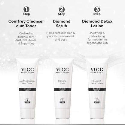 VLCC Diamond Facial Kit - 60g | Skin purifying with Parlour Glow | Improves Skin Elasticity, Brightens and Lightens Patchy Damaged Skin | With Colloidal Diamond, Jojoba Oil, Olive Oil & Aloe Vera.  from VLCC