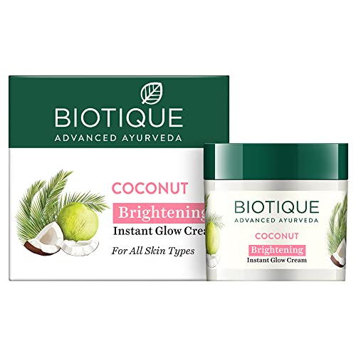 Biotique Coconut Brightening Instant Glow Cream| Lightweight and Non-Greasy | Reduces Dark Spots and Protects Ageing | Nourished and Moisturized Skin |100% Botanical Extracts| All Skin Types | 50gm Face Cream from Biotique