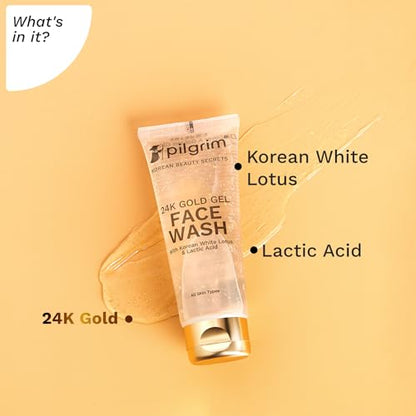 Pilgrim 24k Gold Gel Facewash with Korean White Lotus & Lactic Acid 80ml | Face wash for glowing skin | Reduce dark spot and improves skin texture | Removes dullness | For All Skin Types face Wash from Pilgrim