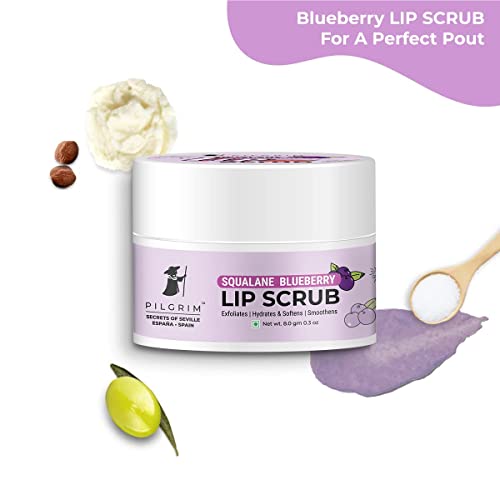 Pilgrim Spanish Squalane Lip Scrub (Blueberry) for Women & Men for Smooth Lips | Lip Scrub for Dark Lips | Lip Scrub with Sugar & Shea Butter for gentle exfoliation, hydrated, smooth & soft lips| 8 gm lip scrub from Pilgrim