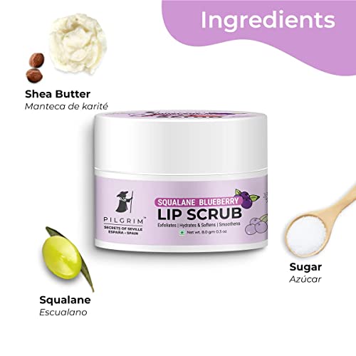 Pilgrim Spanish Squalane Lip Scrub (Blueberry) for Women & Men for Smooth Lips | Lip Scrub for Dark Lips | Lip Scrub with Sugar & Shea Butter for gentle exfoliation, hydrated, smooth & soft lips| 8 gm lip scrub from Pilgrim