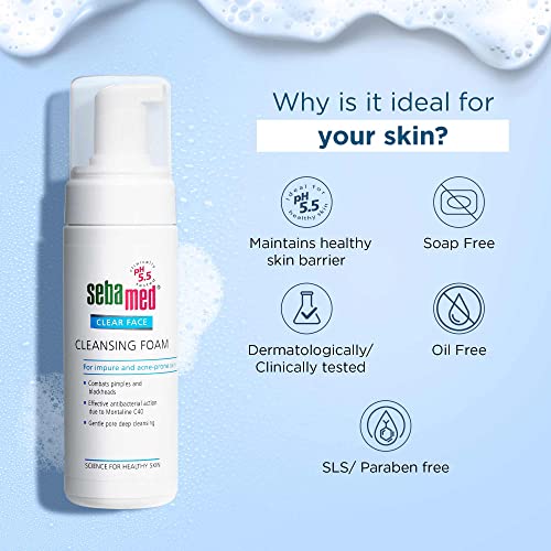 Sebamed Clear Face Cleansing Foam for Acne prone Skin 150 ml I pH 5.5 I Gentle, Effective hydrating cleanser for pimples | Face wash |men & womenl Oil Free l Clinically proven l Toxin free  from SebaMed