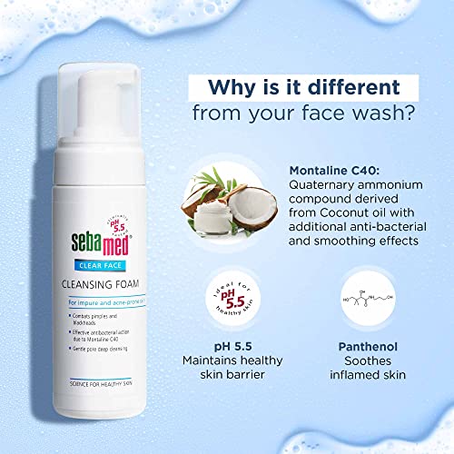 Sebamed Clear Face Cleansing Foam for Acne prone Skin 150 ml I pH 5.5 I Gentle, Effective hydrating cleanser for pimples | Face wash |men & womenl Oil Free l Clinically proven l Toxin free  from SebaMed