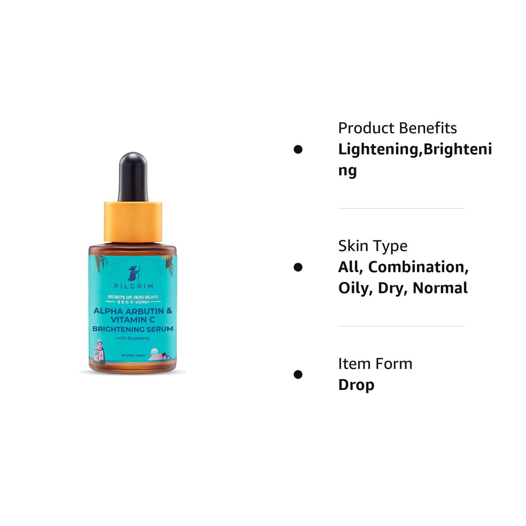 Pilgrim 2% Alpha Arbutin & 3% Vitamin C Brightening Face Serum for glowing skin| Alpha arbutin face serum |All skin types | Men & Women| Korean Skin Care| Vegan & Cruelty-free | 30ml Face serum from pilgrim