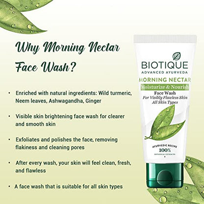 Biotique Morning Nectar Moisturize & Nourish Face Wash | Contains Wild Turmeric, Neem Leaves, & Morning Nectar | Visibly Flawless Skin | Suitable for All Skin Types | 150 ml face Wash from Biotique