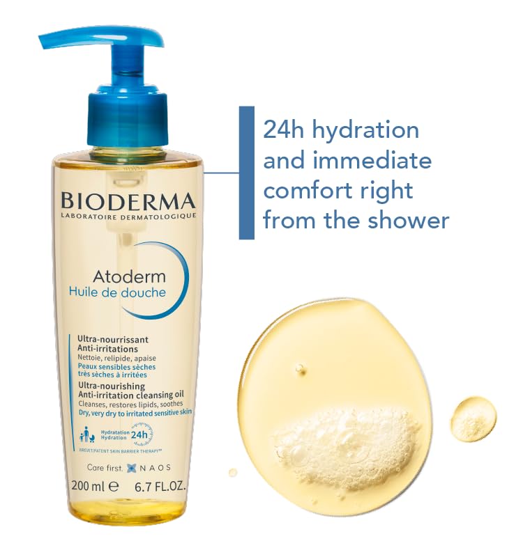 Bioderma Atoderm Huile de douche Anti-iritation Cleaning Oil | 24hrs Hydration | Face and Body Moisturizer | Soothes Discomfort - Dry to Very Dry Sensitive Skin - 200 ml Moisturizer from Bioderma