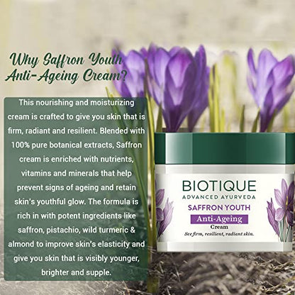 Biotique Bio Saffron Dew Youthful Moisturizer Cream | Protects Skin Cells | Prevents Ageing And Retains Youthful Glow | 100% Botanical Extracts | Suitable For All Skin Types | 50G Moisturizer from Biotique