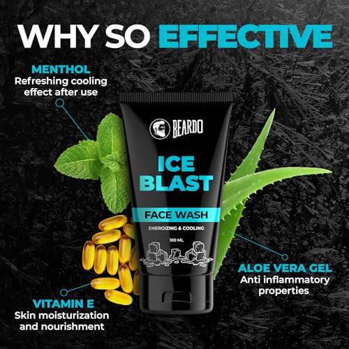 BEARDO Ice Blast Cooling Facewash for Men, 100 ml | INSTANT Icy freshness | Aloe Vera Face wash, Vitamin E & Menthol for cool lock technology | Refreshing & Hydrating facewash face Wash from BEARDO
