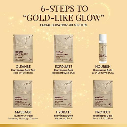 Ozone Illuminous Gold Facial Kit | For All Skin Type | With 6 Easy Step Organic Facial Kit For Natural Golden Glow, Radiant & Luminous Skin | For Men & Women | 60 gm (Single Use)  from Ozone
