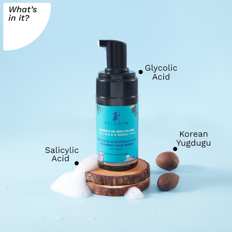Pilgrim Korean 1.5% Salicylic(Bha) & 2% Glycolic Acid(Aha) Foaming Face Wash For Oily & Acne-Prone Skin | Glycolic & Salicylic Acid Face Wash | Men & Women | Korean Skin Care Products | 120 Ml face Wash from pilgrim