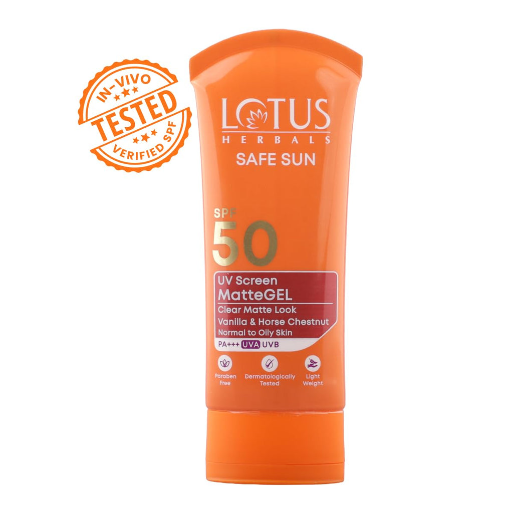 Lotus Herbals Safe Sun UV Screen Matte Gel Sunscreen SPF 50 PA+++ | In Vivo Tested | Broad Spectrum UV Protection | Matte Finish | No White Cast | Normal to Oily Skin | For Women and Men | Paraben & Cruelty Free | 100g