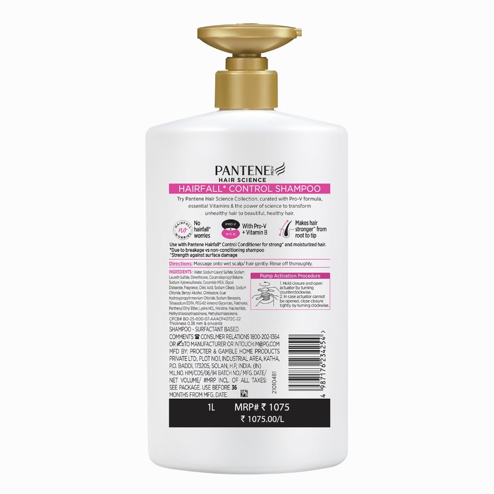 Pantene Hair Science Hairfall Control Shampoo 1Litre with Pro-Vitamins & Vitamin B for reduced hairfall,for all hair types, shampoo for women & men, for hairfall and damage prone hair Shampoo from Pantene