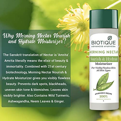 Biotique Morning Nectar Flawless Skin Moisturizer l Prevents Dark spots, Blackheads and Blemishes l Visibly Flawless Skin l Nourishes and Hydrates Skin l All Skin Types l 190ml Moisturizer from Biotique