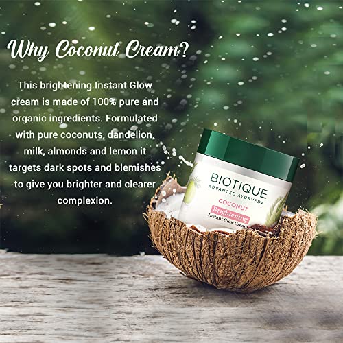 Biotique Coconut Brightening Instant Glow Cream| Lightweight and Non-Greasy | Reduces Dark Spots and Protects Ageing | Nourished and Moisturized Skin |100% Botanical Extracts| All Skin Types | 50gm Face Cream from Biotique