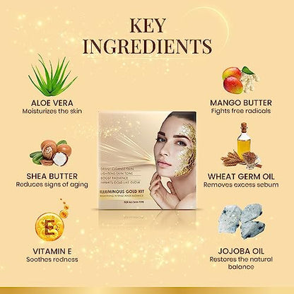 Ozone Illuminous Gold Facial Kit | For All Skin Type | With 6 Easy Step Organic Facial Kit For Natural Golden Glow, Radiant & Luminous Skin | For Men & Women | 60 gm (Single Use)  from Ozone