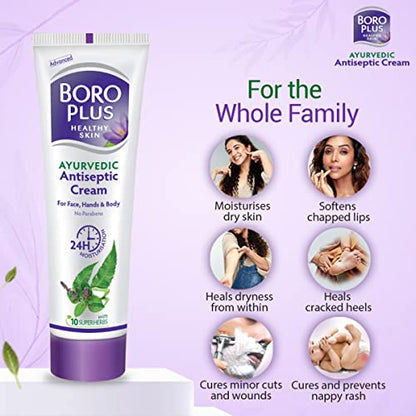 Boroplus Antiseptic Cream Provides 24Hrs Moisturisation Ayurvedic Cream For All Aeasons Hand Cream, Body Cream & Face Cream, Moisturises Dry Skin With Goodness Of Neem, Tulsi And Aloe Vera, 120Ml  from BOROPLUS