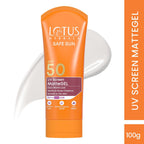 Lotus Herbals Safe Sun UV Screen Matte Gel Sunscreen SPF 50 PA+++ | In Vivo Tested | Broad Spectrum UV Protection | Matte Finish | No White Cast | Normal to Oily Skin | For Women and Men | Paraben & Cruelty Free | 100g