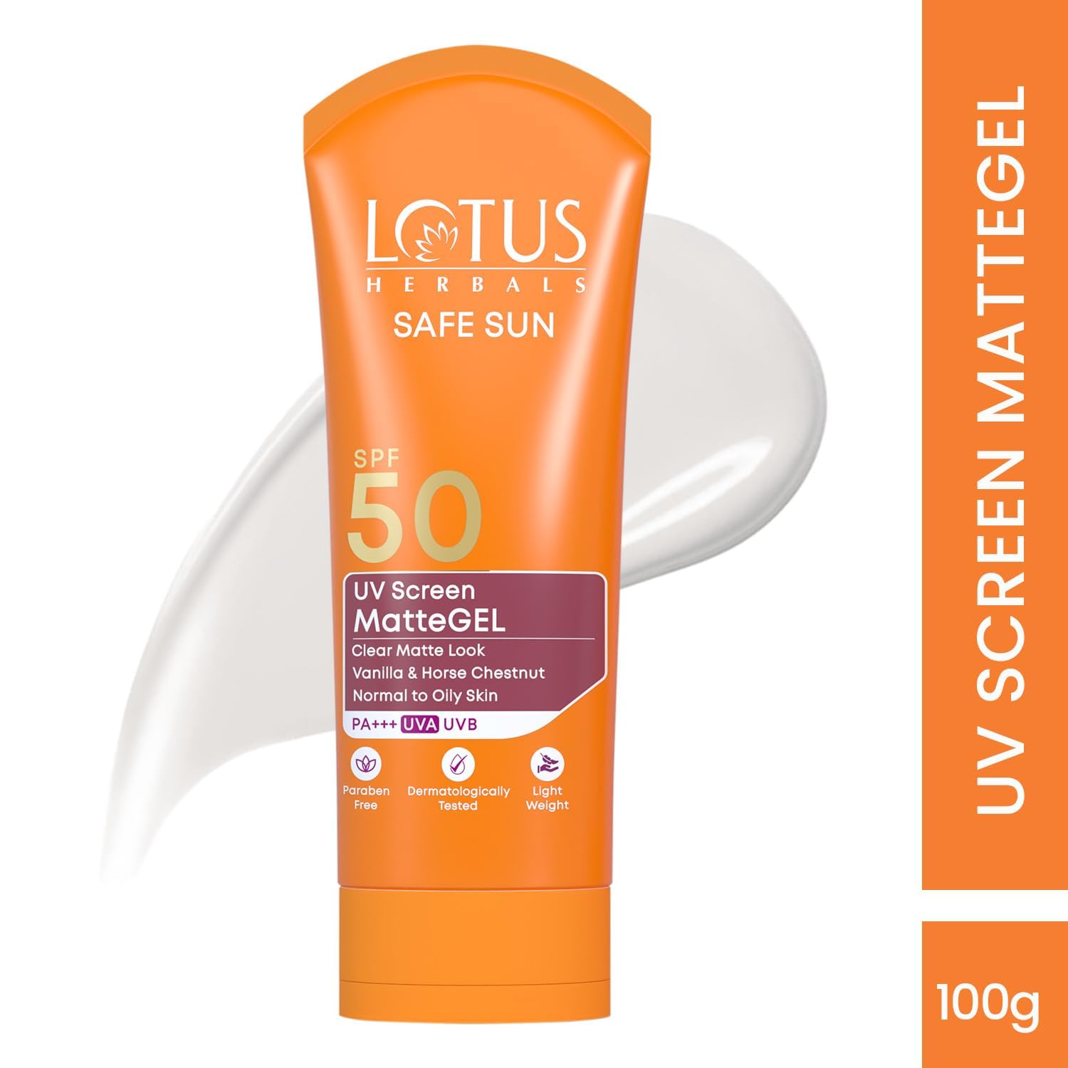 Lotus Herbals Safe Sun UV Screen Matte Gel Sunscreen SPF 50 PA+++ | In Vivo Tested | Broad Spectrum UV Protection | Matte Finish | No White Cast | Normal to Oily Skin | For Women and Men | Paraben & Cruelty Free | 100g