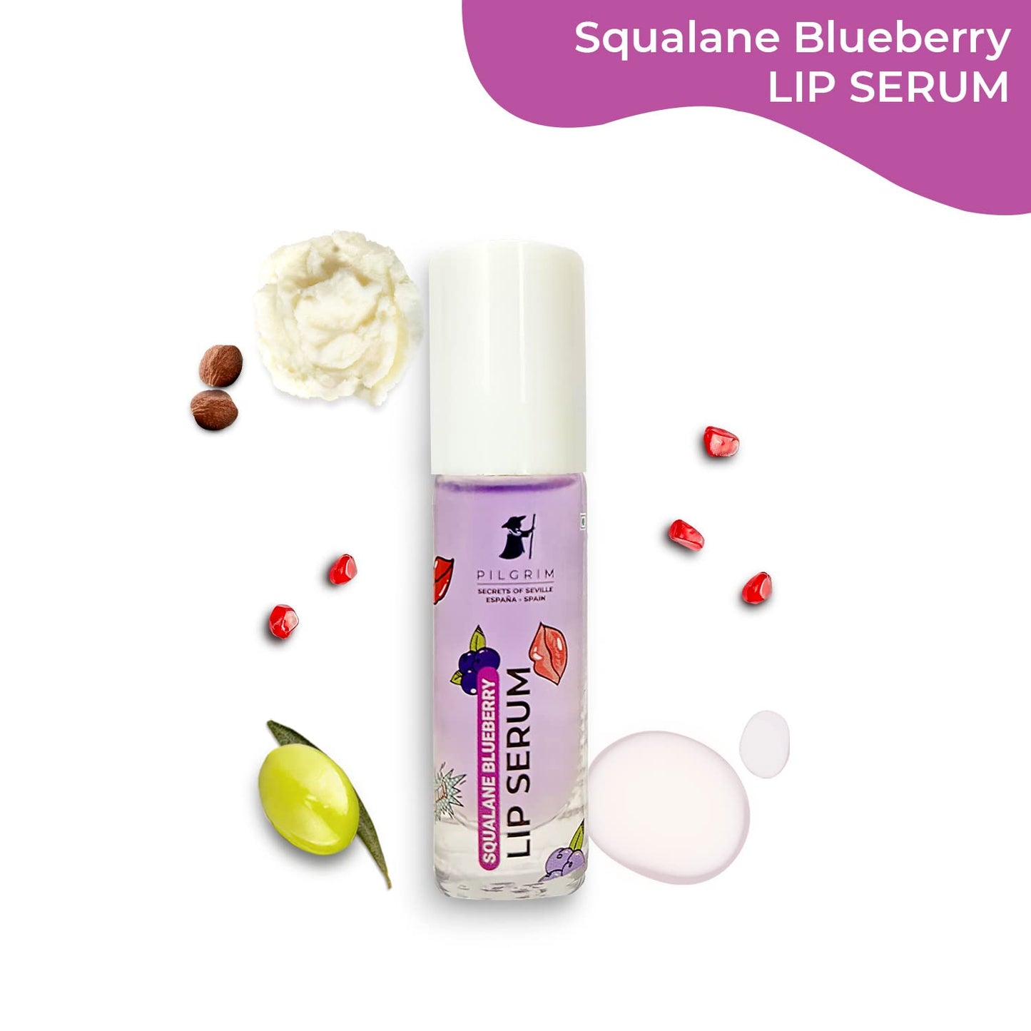 Pilgrim Spanish Squalane Lip Serum with roll-on for Visibly Plump Lips | Hydrating Lip serum for dark lips |Lip serum with Shea Butter & Pomegranate for plump & soft lips |Men & Women |6 ml lip serum from Pilgrim