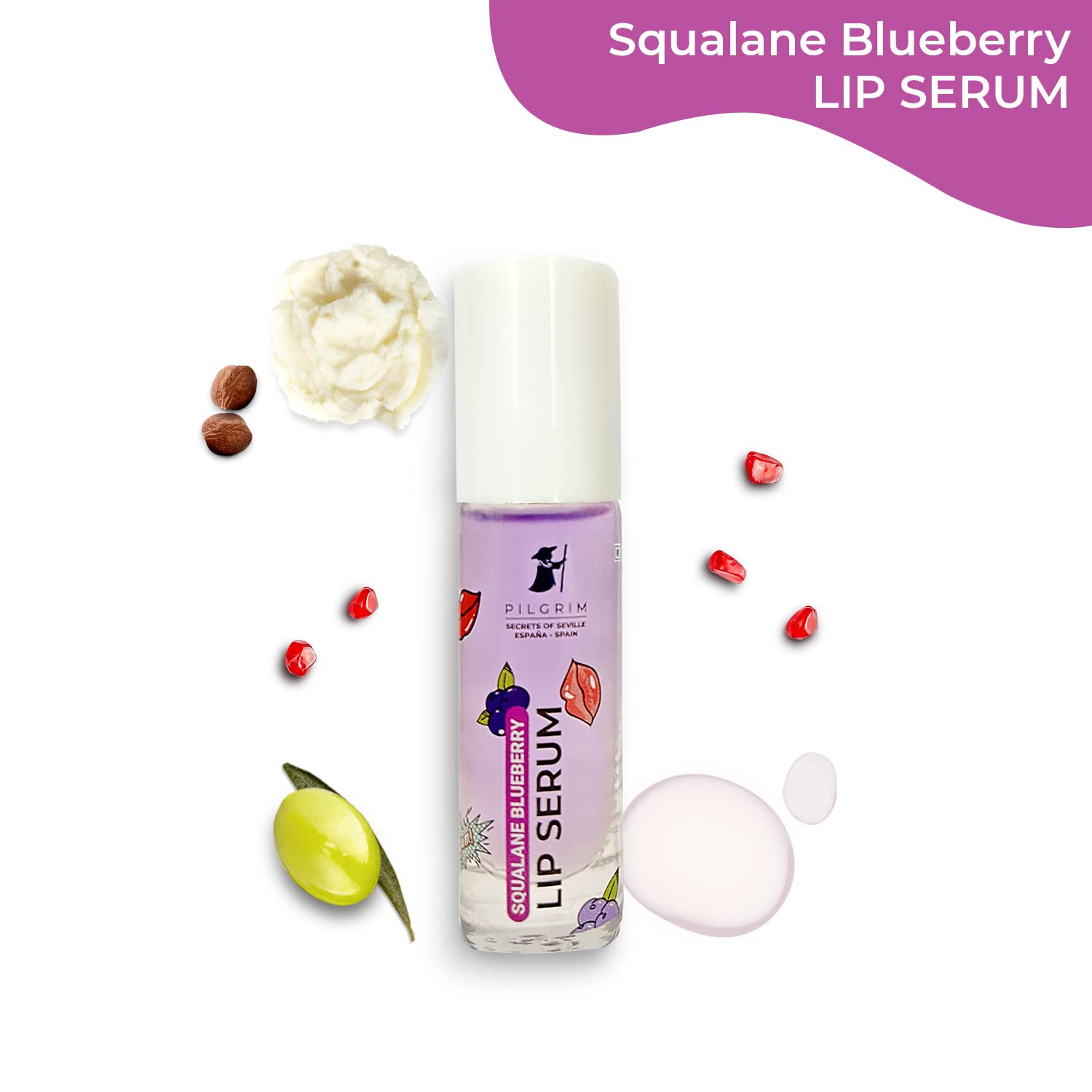 Pilgrim Spanish Squalane Lip Serum with roll-on for Visibly Plump Lips | Hydrating Lip serum for dark lips |Lip serum with Shea Butter & Pomegranate for plump & soft lips |Men & Women |6 ml lip serum from Pilgrim