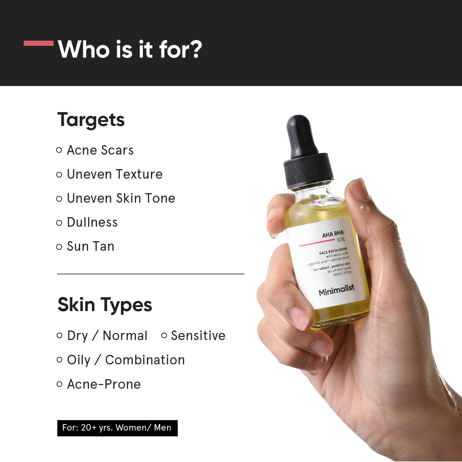 Minimalist 10% AHA BHA Exfoliating Serum For Beginners, AHAs (Lactic Acid & Glycolic Acid) & BHA (Salicylic Acid) Serum, 30ml