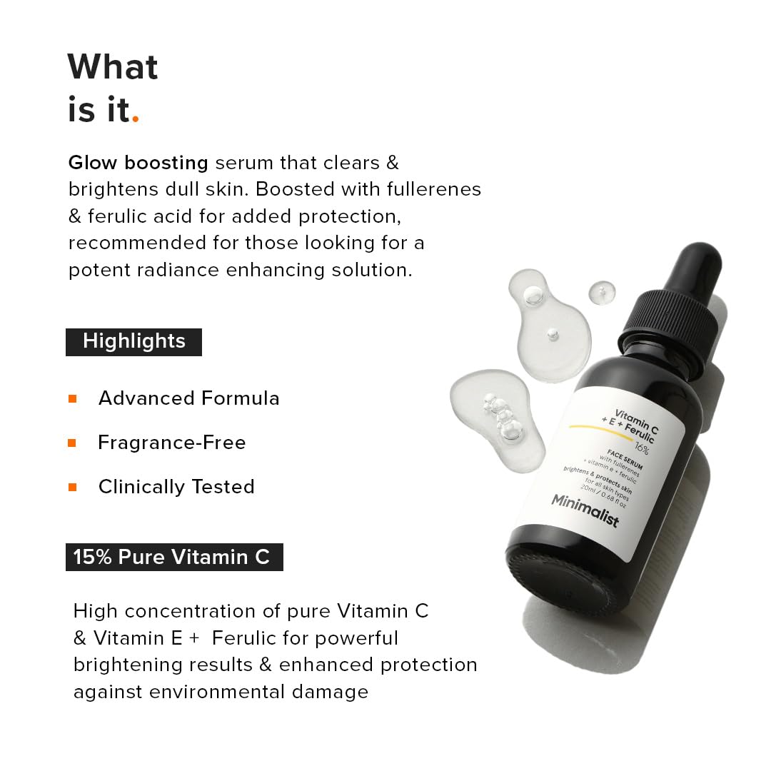 Minimalist Skin Brightening Vitamin C 16% Face Serum for All Skin Type | Protects from Oxidative Stress & Improves Skin Texture| For Women & Men | 20 ml
