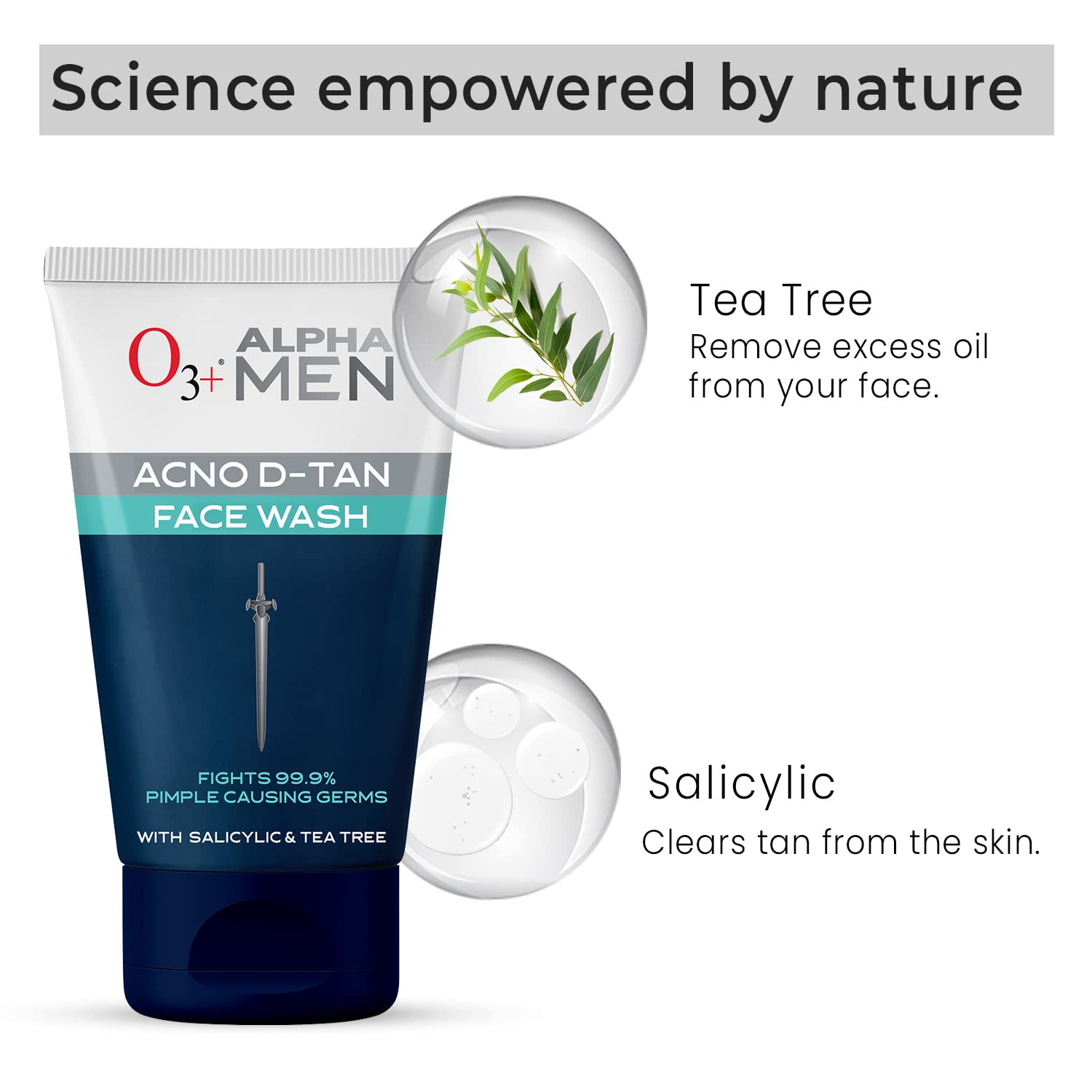 O3+ ALPHA MEN Acno D-TAN Face Wash with Tea Tree 100g for Oily Skin | Detan Face Wash for TAN Removal | Removes Acne and Dirt  from O3+