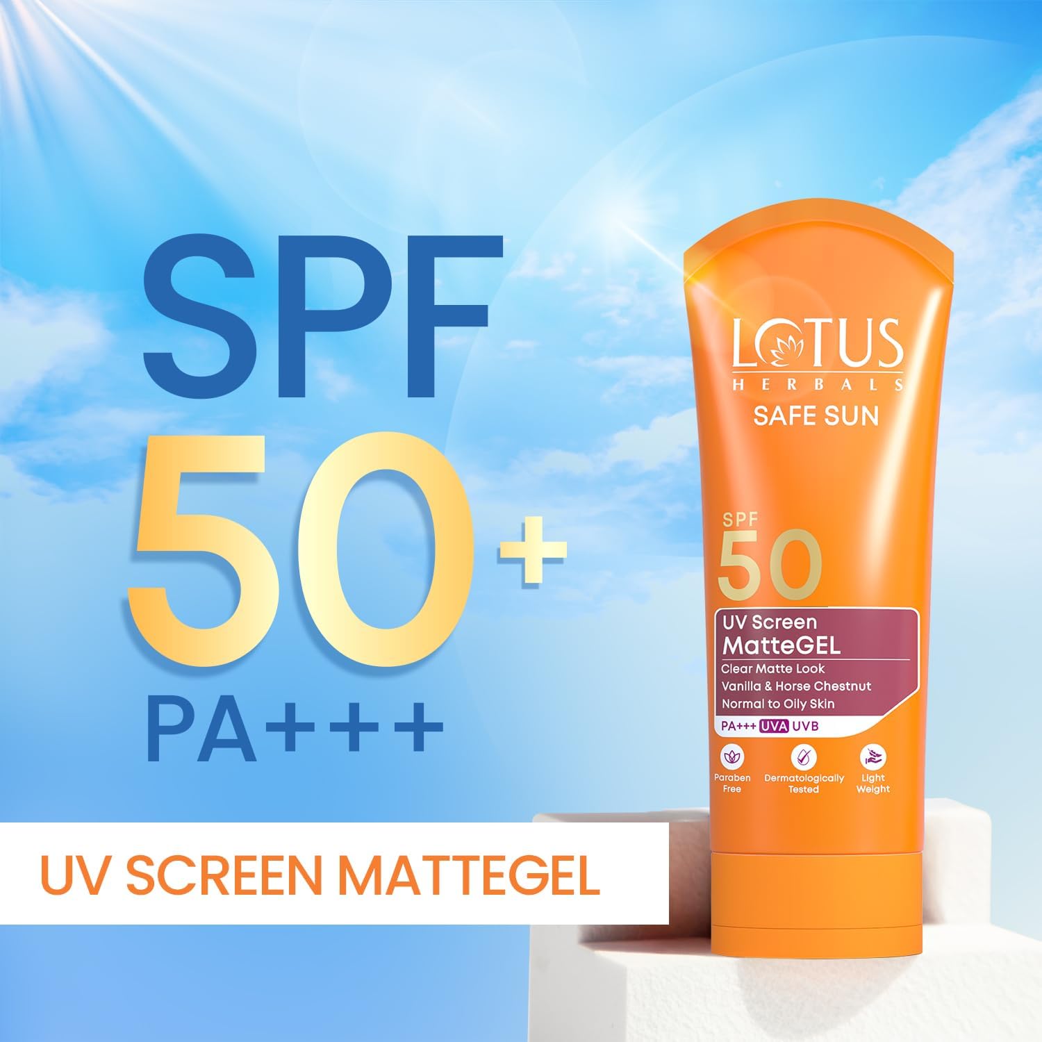 Lotus Herbals Safe Sun UV Screen Matte Gel Sunscreen SPF 50 PA+++ | In Vivo Tested | Broad Spectrum UV Protection | Matte Finish | No White Cast | Normal to Oily Skin | For Women and Men | Paraben & Cruelty Free | 100g