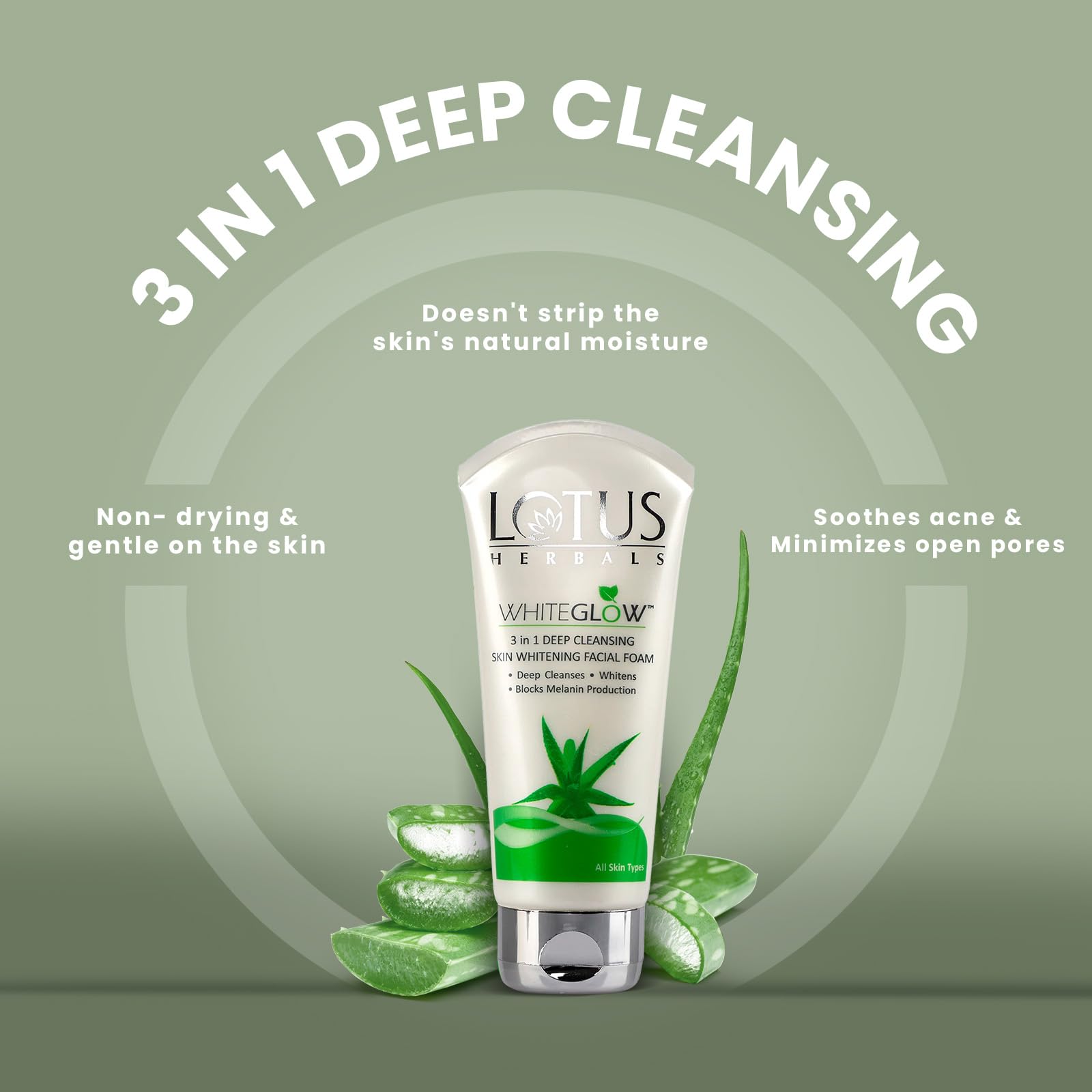Lotus Herbals WhiteGlow 3 in 1 Deep Cleansing Facial Foam I Deep Cleansing formula I Acne-control I Non-drying I Fades dark spots I with Alpha Arbutin & Saxifraga extracts I Suits all skin types I Women & Men I 100ml  from Lotus