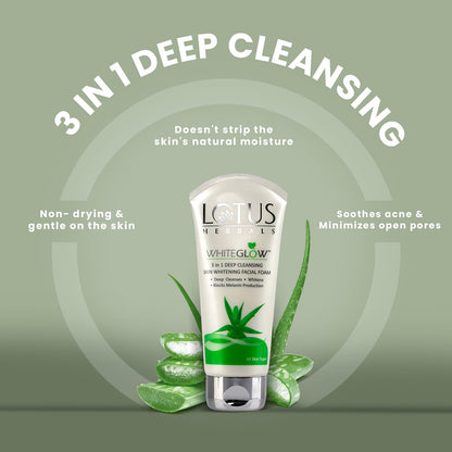 Lotus Herbals WhiteGlow 3 in 1 Deep Cleansing Facial Foam I Deep Cleansing formula I Acne-control I Non-drying I Fades dark spots I with Alpha Arbutin & Saxifraga extracts I Suits all skin types I Women & Men I 100ml  from Lotus