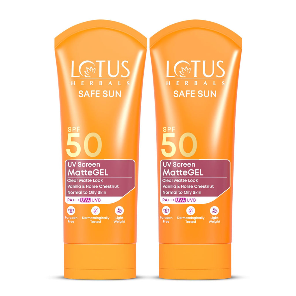 Lotus Herbals Safe Sun UV Screen Matte Gel Sunscreen SPF 50 PA+++ | In Vivo Tested | Broad Spectrum UV Protection | Matte Finish | No White Cast | Normal to Oily Skin | For Women and Men | Paraben & Cruelty Free | 100g