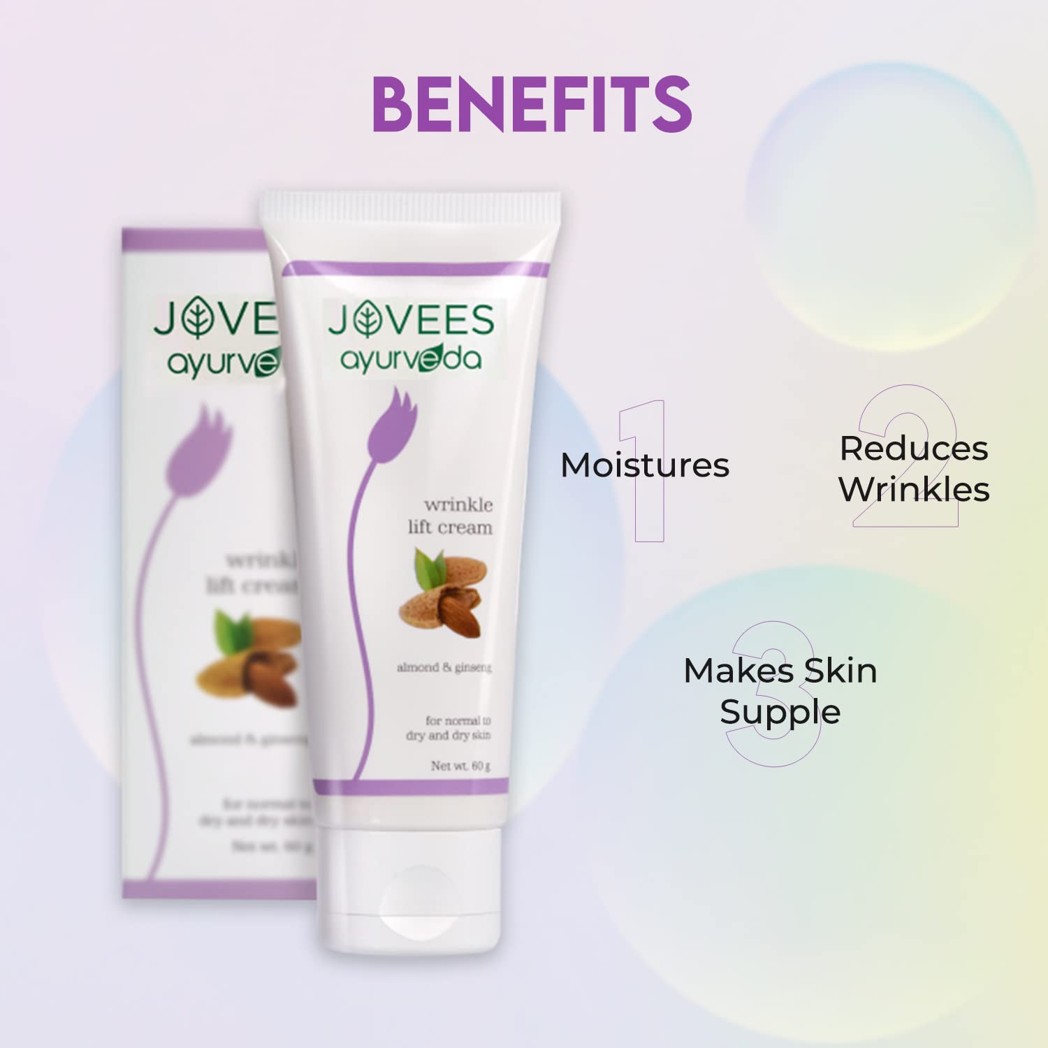 Jovees Herbal Almond & Ginseng Wrinkle Lift Face Cream, 60 gms | Anti-Wrinkle & Anti-Ageing Face Cream| All Skin Types | Paraben & Alcohol Free | 60gm  from JOVEES