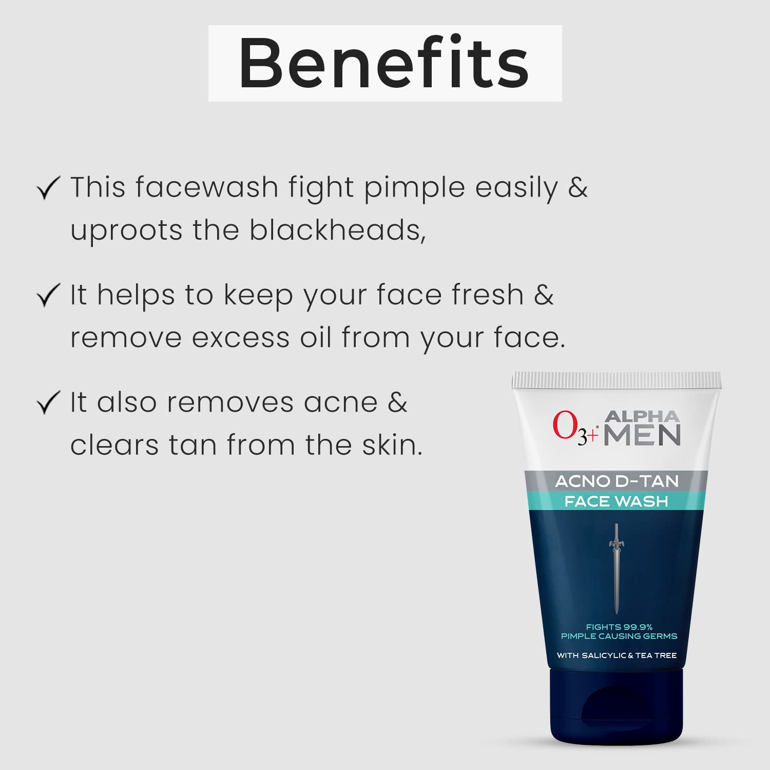 O3+ ALPHA MEN Acno D-TAN Face Wash with Tea Tree 100g for Oily Skin | Detan Face Wash for TAN Removal | Removes Acne and Dirt  from O3+