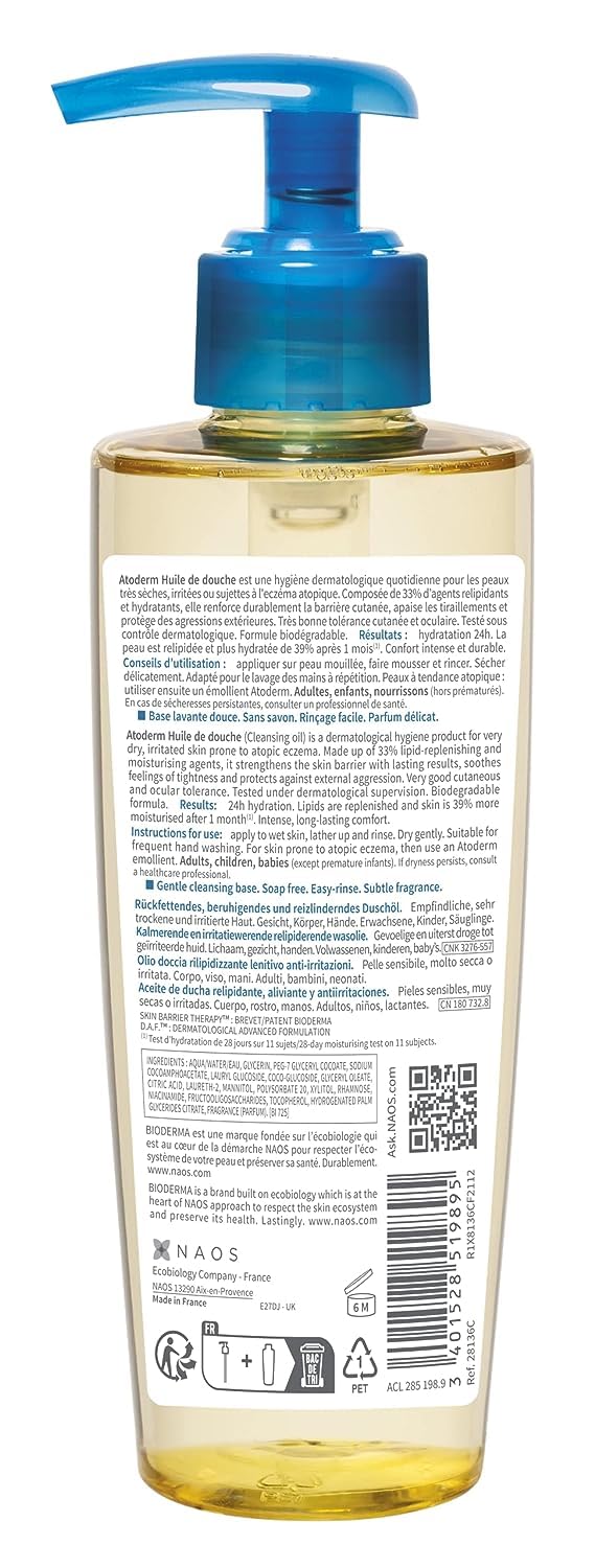 Bioderma Atoderm Huile de douche Anti-iritation Cleaning Oil | 24hrs Hydration | Face and Body Moisturizer | Soothes Discomfort - Dry to Very Dry Sensitive Skin - 200 ml Moisturizer from Bioderma