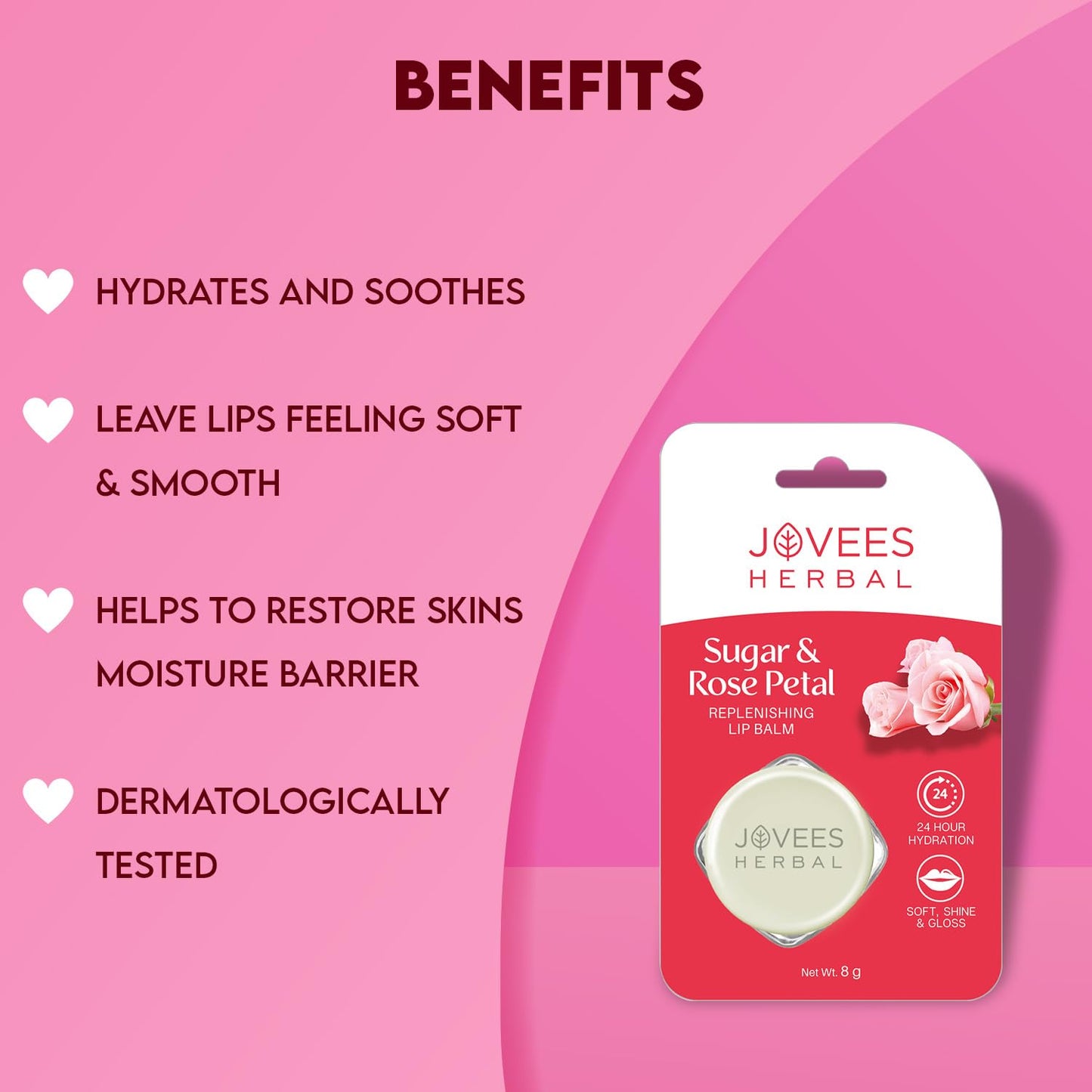 Jovees Herbal Sugar & Rose Petal Replenishing Lip Balm | 24 Hour Hydration | Rejuvenates Dry and Chapped Lips | Gives Soft, Shiny and Glossy Lips 8g  from JOVEES