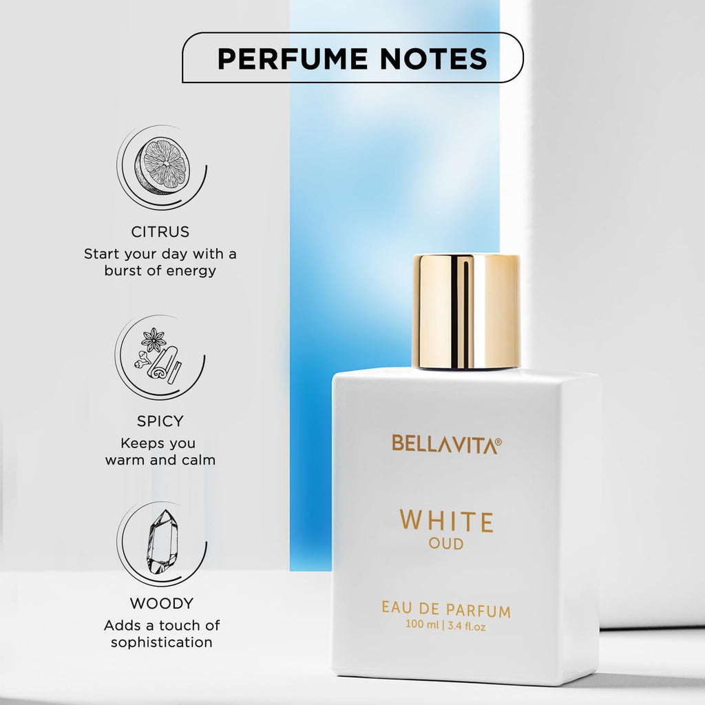 BELLAVITA White Oud 100ml | Long Lasting Unisex Perfume | Perfume for Man and Woman | Eau De Parfum | Orange, Patchouli, Musk | Oud, Citrus & Spicy Premium Fragrance