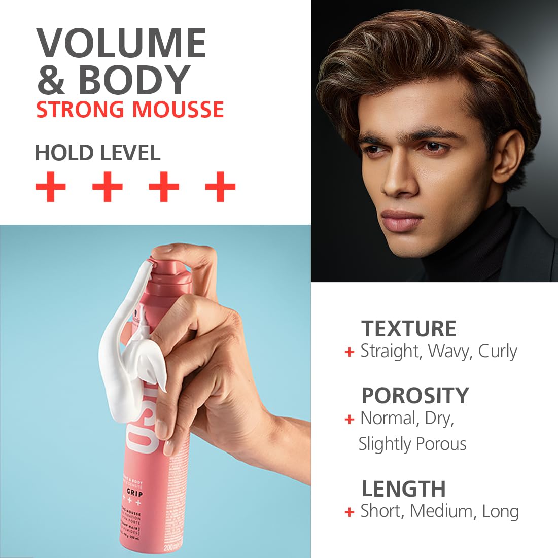 Schwarzkopf Professional OSiS+ Grip Extra Strong Hair Styling Mousse I For Volume and Natural Shine | Frizz Control | Vegan | Extra strong Hold | For Body and Bounce | 200 ml  from Schwarzkopf Professional