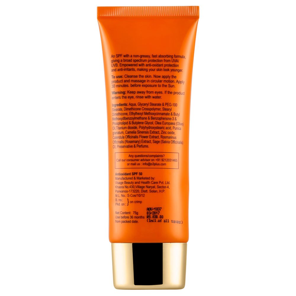 O3+ Agelock Antioxidant Sunscreen SPF 50 with Flower and Herb Extracts UVA/UVB PA+++ Sun Damage Protection Skin Cream, 75g  from O3+