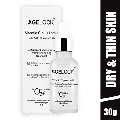 O3+ Agelock Vitamin C Lactic Acid Serum for Face Exfoliation, Anti Ageing, Moisturising & Whitening All Skin Types, 30g  from O3+