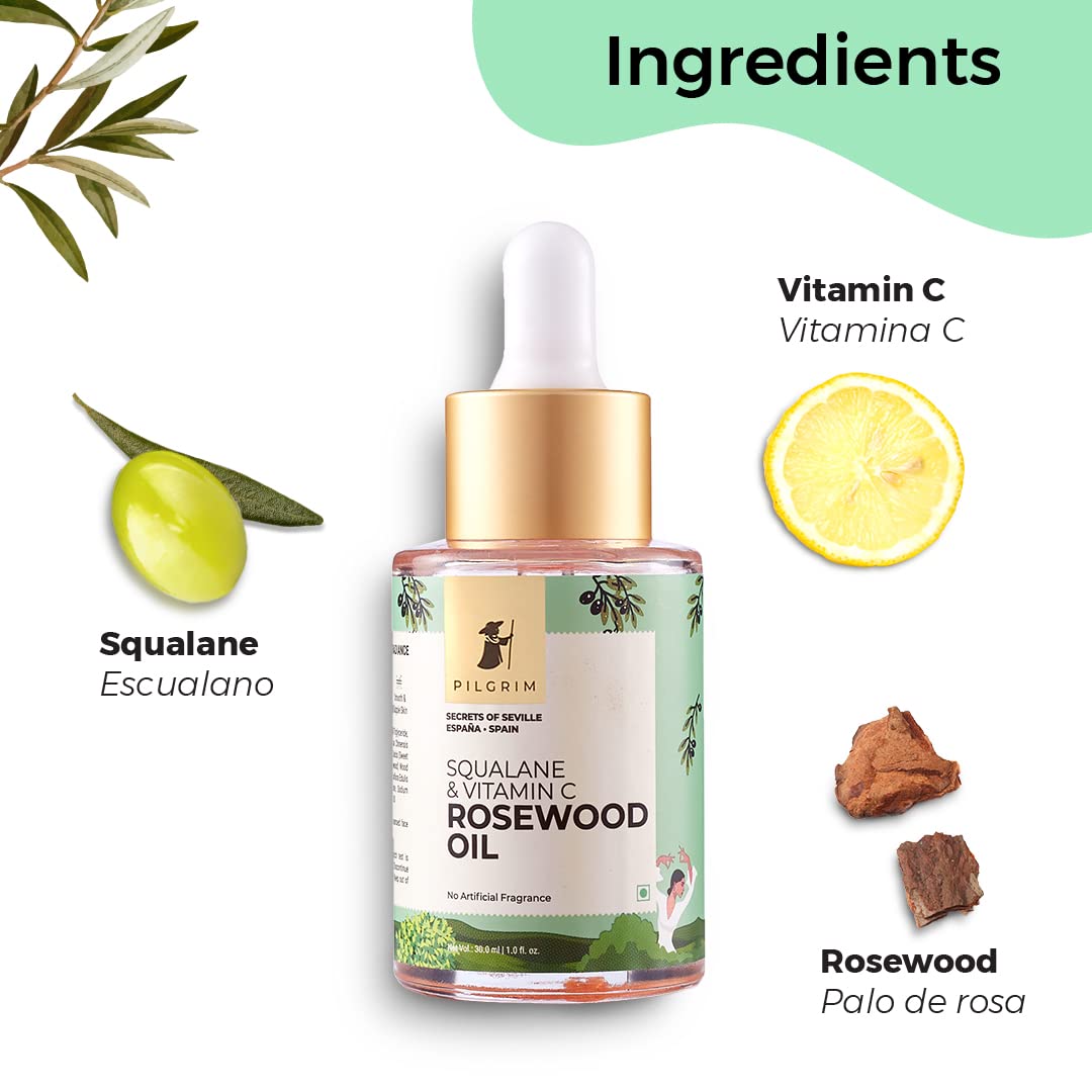 Pilgrim Squalane (Plant) & Vitamin C Face Serum (Oil based) with rosewood oil | Vitamin C face serum | Face oil for glowing skin | Non-greasy & Non-comedogenic | All skin types | Women & Men| 30 ml  from Pilgrim