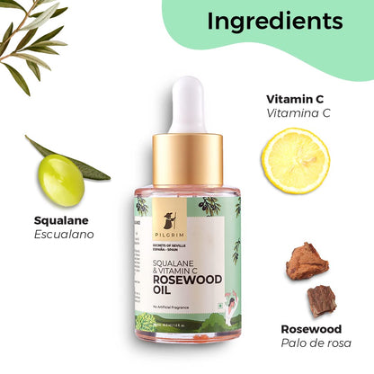Pilgrim Squalane (Plant) & Vitamin C Face Serum (Oil based) with rosewood oil | Vitamin C face serum | Face oil for glowing skin | Non-greasy & Non-comedogenic | All skin types | Women & Men| 30 ml  from Pilgrim
