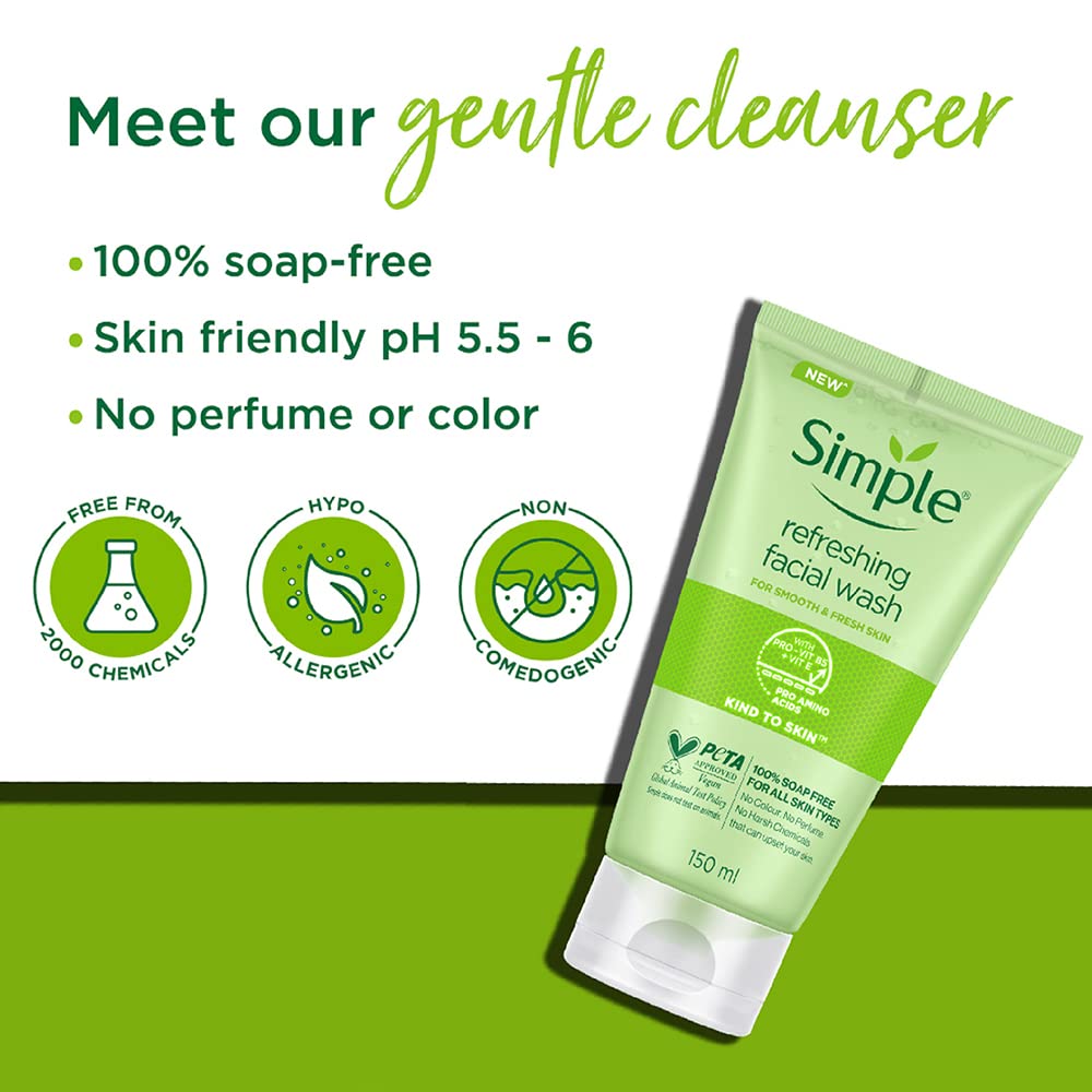 Simple Kind To Skin Refreshing Facial Wash 150 ml | 100% Soap-Free Facewash that doesn't dry out your skin| For All Skin Types  from simple