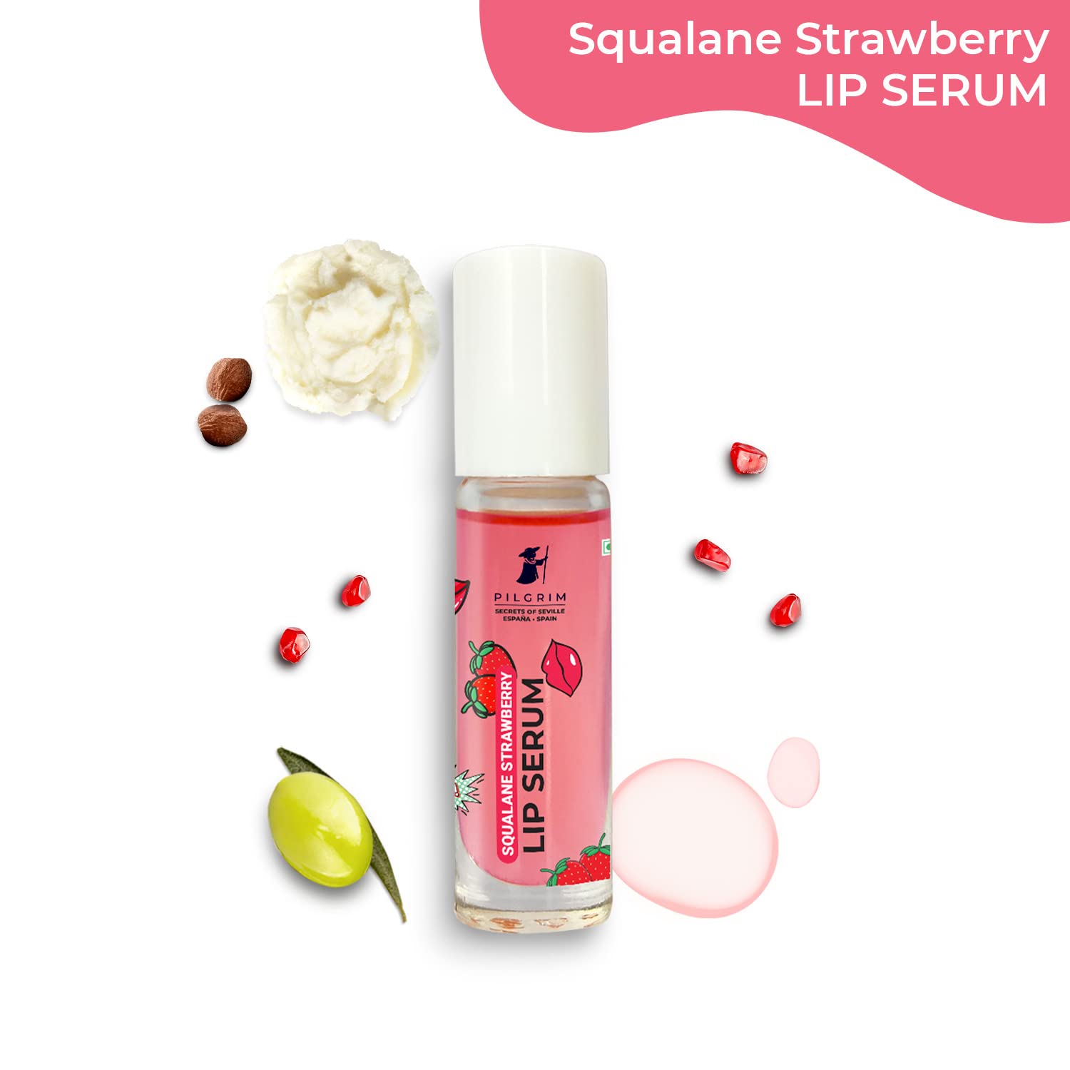 Pilgrim Spanish Squalane Lip Serum with roll-on for Visibly Plump Lips | Hydrating Lip serum for dark lips |Lip serum with Shea Butter & Pomegranate for plump & soft lips |Men & Women |6 ml lip serum from Pilgrim