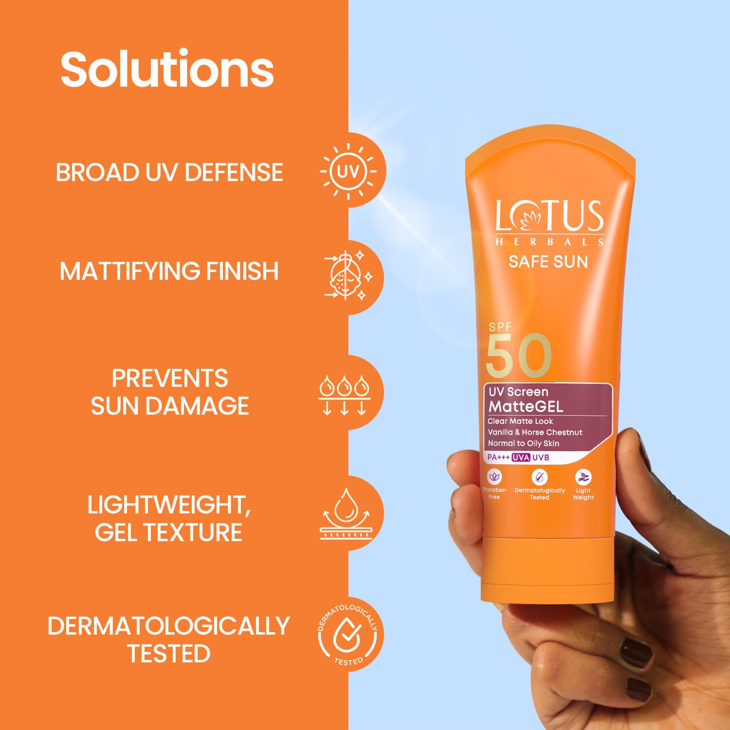 Lotus Herbals Safe Sun UV Screen Matte Gel Sunscreen SPF 50 PA+++ | In Vivo Tested | Broad Spectrum UV Protection | Matte Finish | No White Cast | Normal to Oily Skin | For Women and Men | Paraben & Cruelty Free | 100g