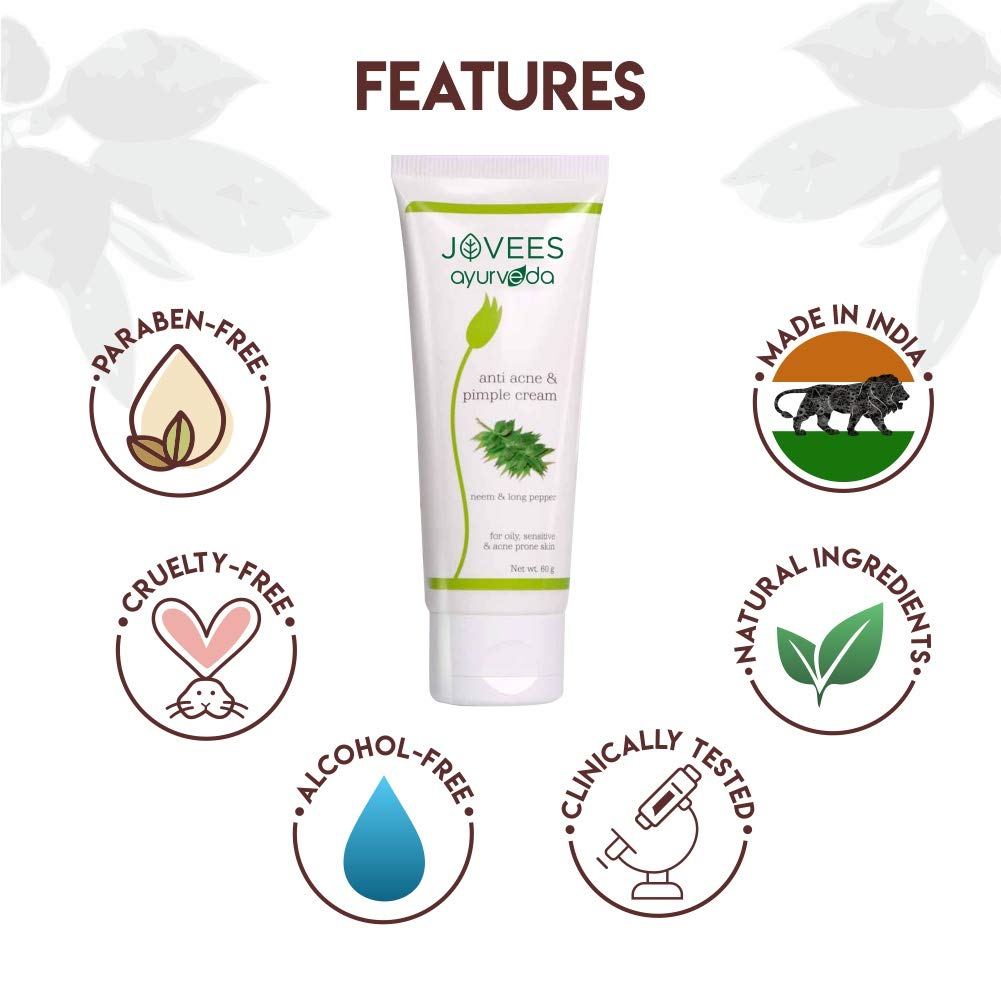 Jovees Ayurveda Neem & Long Pepper Anti Acne and Pimple Cream, 60 gms | Oily, Sensitive & Acne Prone Skin | Paraben & Alcohol Free | Helps Clear Acne & Prevents Future Breakout  from JOVEES