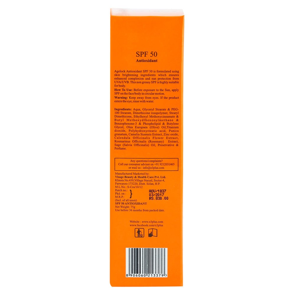 O3+ Agelock Antioxidant Sunscreen SPF 50 with Flower and Herb Extracts UVA/UVB PA+++ Sun Damage Protection Skin Cream, 75g  from O3+