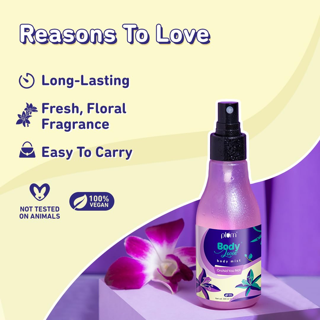 Plum BodyLovin' Orchid-You-Not Body Mist | Long Lasting Fresh Floral Fragrance For Women With Red Apple, Freesia & Musk | High On Fun | Travel-Friendly Perfume Body Spray 100 ml  from Plum