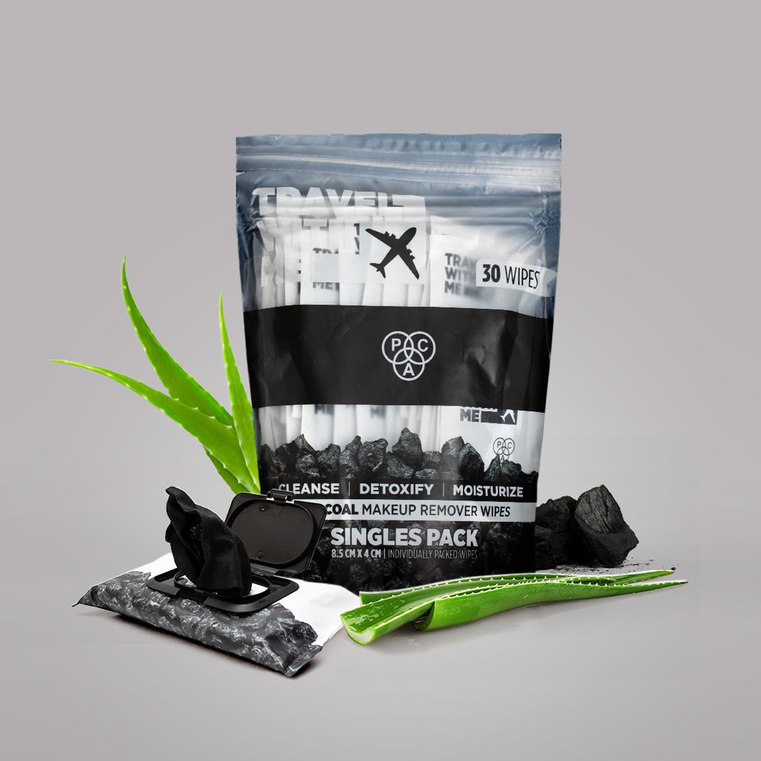 PAC Travel With Me Charcoal Wet Wipes for Face with Charcoal powder, Vitamin E & Glycerin | Cleansing and Hydrating Facial Wipes | Moisturizing Makeup Remover for Oily & Combination Skin | 30 Wipes  from PAC