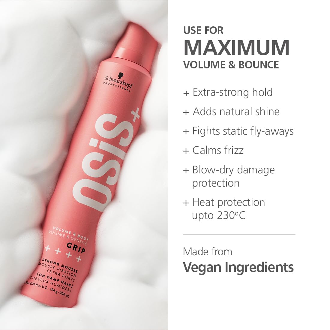 Schwarzkopf Professional OSiS+ Grip Extra Strong Hair Styling Mousse I For Volume and Natural Shine | Frizz Control | Vegan | Extra strong Hold | For Body and Bounce | 200 ml  from Schwarzkopf Professional